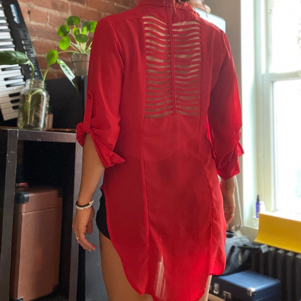 Sheer Red High-Low Blouse
